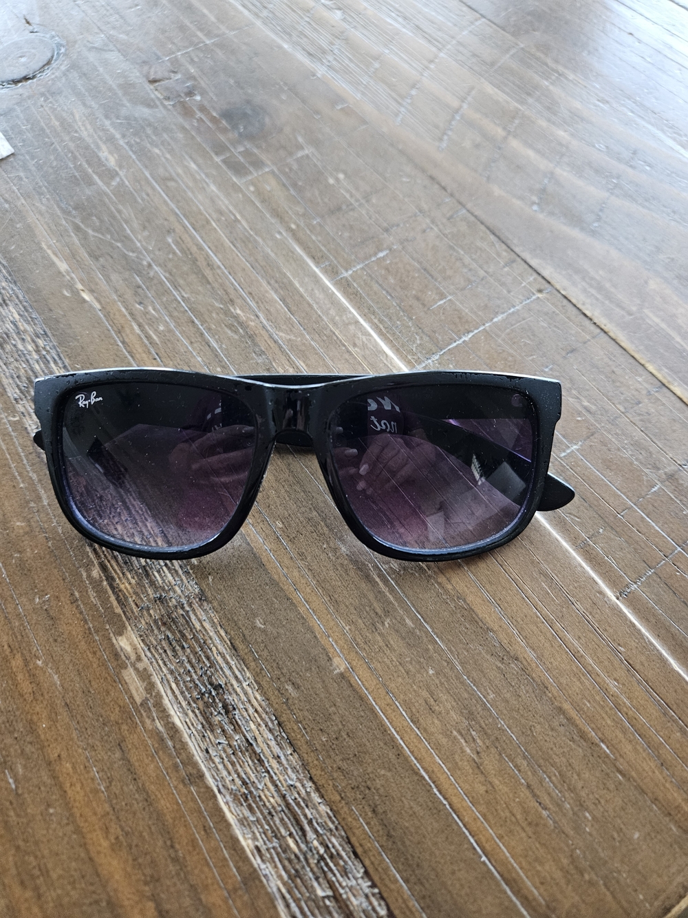 Ray-Ban Black Sunglasses with Purple Gradient Lenses Scratched Frame Photos Wear